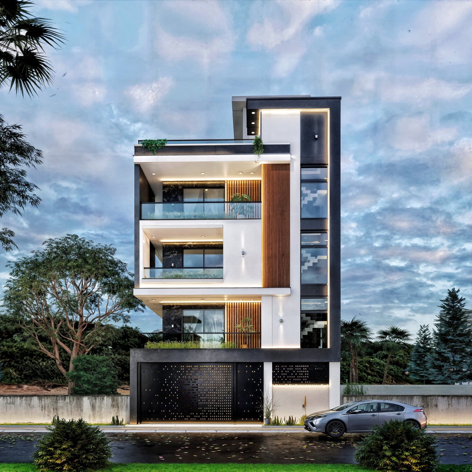 Contemporary architectural facade with vertical lines and warm evening light