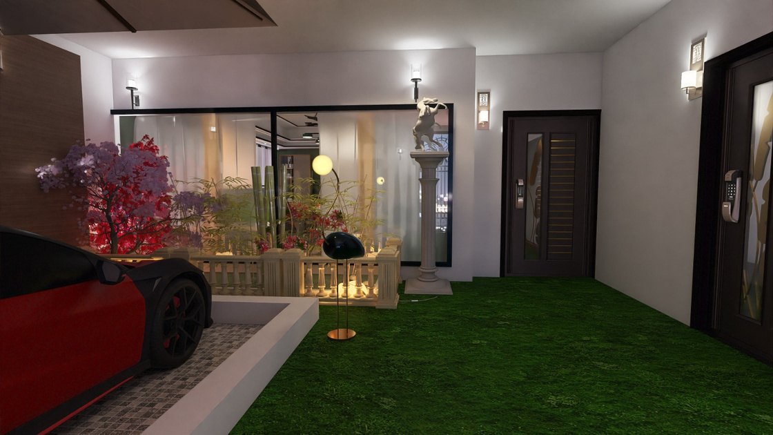 Private villa courtyard with greenery and lounge seating
